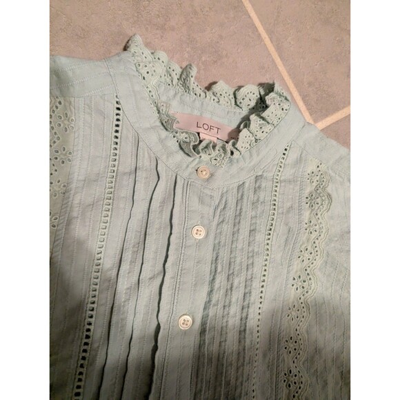 LOFT Women’s Sage Green BluCottagecore Lace Trim Pintuck Button Front Blouse L/p - Picture 5 of 12